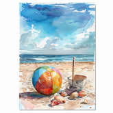 Watercolor Beach Scene with Colorful Ball, Shells, Metal Pail, and Shovel on Sandy Shore with Blue Ocean and Sky on Ready to Hang 1.5" Thick Canvas Wrap, Floating Framed Canvas, Flat Rolled Canvas