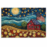 Patriotic Farmhouse Under Starry Sky with American Flag and Flower Field, Folk Art Style 4th of July Scene in Bold Colors and Textured Brushstrokes on Ready to Hang 1.5" Thick Canvas Wrap, Floating Framed Canvas, Flat Rolled Canvas