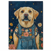 Whimsical Dog Wall Art Cute Labrador in Overalls and Floral Shirt for Nursery Decor Farmhouse Bedroom Art Country Cottage Gifts for Dog Lovers on Ready to Hang 1.5" Thick Canvas Wrap, Floating Framed Canvas, Flat Rolled Canvas