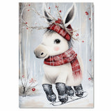 Whimsical Christmas Donkey Ice Skating in Red Plaid Scarf and Antler Hat Canvas or Wall Art Print on Ready to Hang 1.5" Thick Canvas Wrap, Floating Framed Canvas, Flat Rolled Canvas