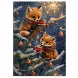 Two Baby Foxes in Scarves Drinking Cocoa on Tree Branch Surrounded by Ornaments and Snowflakes in Winter Night Scene Holiday Art Print for Seasonal Decor on Ready to Hang 1.5" Thick Canvas Wrap, Floating Framed Canvas, Flat Rolled Canvas