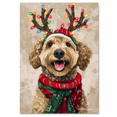 Rustic Glow - Bernedoodle Dog with Twinkling Antlers & Holiday Scarf on Rustic Background, Ready to Hang 1.5" Thick Canvas Wrap, Floating Framed Canvas, Flat Rolled Canvas