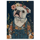 Whimsical Bulldog Art Floral Crown and Overalls Dog Lover Gift Farmhouse Nursery Decor Cute Cottagecore Bedroom Accent Vintage Country Style Wall Decor on Ready to Hang 1.5" Thick Canvas Wrap, Floating Framed Canvas, Flat Rolled Canvas