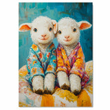 Two Cute Lambs in Bright Pajamas Wall Art | Adorable Nursery Animal Painting Print for Baby Room, Farmhouse Kids Decor, or Cozy Pastoral-Style Walls on Ready to Hang 1.5" Thick Canvas Wrap, Floating Framed Canvas, Flat Rolled Canvas
