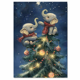 Two Baby Elephants in Scarves Gazing at Christmas Star on Tree Top in Winter Night Scene Holiday Art Print for Nursery or Seasonal Home Wall Display on Ready to Hang 1.5" Thick Canvas Wrap, Floating Framed Canvas, Flat Rolled Canvas