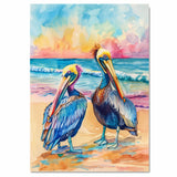 Two Vibrant Pelicans on a Tropical Beach with Ocean Waves and Sunset Sky in Colorful Watercolor Illustration on Ready to Hang 1.5" Thick Canvas Wrap, Floating Framed Canvas, Flat Rolled Canvas