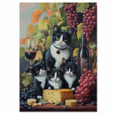 Vineyard Feast: Tuxedo Mom and Three Kittens with Wine, Grapes, and Cheese on Ready to Hang 1.5" Thick Canvas Wrap, Floating Framed Canvas, Flat Rolled Canvas