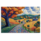 Colorful Winding Road Through Autumn Hills and Cottage – Bold Impressionist Folk Art Landscape on Ready to Hang 1.5" Thick Canvas Wrap, Floating Framed Canvas, Flat Rolled Canvas