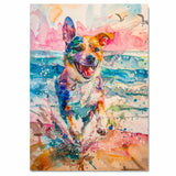 Vibrant Watercolor Dog Splashing on Beach with Birds and Ocean in Energetic Coastal Animal Art for Pet Lovers on Ready to Hang 1.5" Thick Canvas Wrap, Floating Framed Canvas, Flat Rolled Canvas