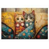 Painting of Two Cute Kittens Wrapped in Colorful Quilts Wearing Pajamas with Big Eyes Sitting on a Cozy Couch Surrounded by Pillows in a Warm Whimsical Setting on Ready to Hang 1.5" Thick Canvas Wrap, Floating Framed Canvas, Flat Rolled Canvas