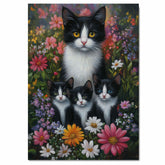 Blooming Whiskers: Tuxedo Cat Mom and Three Kittens in a Vibrant Spring Meadow on Ready to Hang 1.5" Thick Canvas Wrap, Floating Framed Canvas, Flat Rolled Canvas
