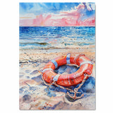 Watercolor Painting of a Life Ring with Anchor on Sandy Beach Beside Ocean Waves and Sunset Sky in Coastal Colors on Ready to Hang 1.5" Thick Canvas Wrap, Floating Framed Canvas, Flat Rolled Canvas