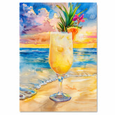 Pina Colada Tropical Drink Watercolor Painting with Pineapple Slice and Flower on Beach at Sunset on Ready to Hang 1.5" Thick Canvas Wrap, Floating Framed Canvas, Flat Rolled Canvas
