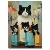 Retail Therapy: Tuxedo Cat Mom with Three Kittens in Chic Paper Bags on Ready to Hang 1.5" Thick Canvas Wrap, Floating Framed Canvas, Flat Rolled Canvas