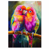 Bright Multicolor Lovebird Pair Artwork Featuring Pink Orange and Yellow Feathers Perched Closely on a Branch with Bold Expressive Brushstroke Background on Ready to Hang 1.5" Thick Canvas Wrap, Floating Framed Canvas, Flat Rolled Canvas