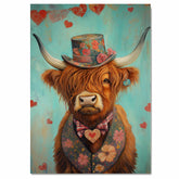 Majestic Elegance: Whimsical Highland Cattle in a Victorian-Era European Suit and Hat Heartfelt Timeless Artwork on Ready to Hang 1.5" Thick Canvas Wrap, Floating Framed Canvas, Flat Rolled Canvas