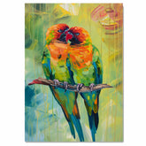 Expressive Parrot Pair Artwork Featuring Bright Orange and Green Feathers on a Branch with Lush Abstract Jungle Background in Bold Textured Brushstrokes on Ready to Hang 1.5" Thick Canvas Wrap, Floating Framed Canvas, Flat Rolled Canvas