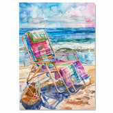 Watercolor Painting of Plaid Beach Chair and Woven Basket on Sandy Shore with Colorful Blanket and Gentle Ocean Waves on Ready to Hang 1.5" Thick Canvas Wrap, Floating Framed Canvas, Flat Rolled Canvas