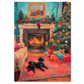 Colorful Vintage Christmas Living Room with Fireplace, Tree, Gifts, and Black Puppies on a Red Rug, Festive Cozy Holiday Scene with Classic Charm on Ready to Hang 1.5" Thick Canvas Wrap, Floating Framed Canvas, Flat Rolled Canvas