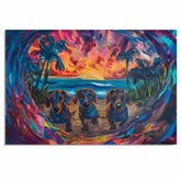 Tropical Beach Art Print with Three Colorful Dachshunds at Sunset Abstract Ocean Pet Wall Decor Perfect for Dog Lovers Living Room or Coastal Home Gift on Ready to Hang 1.5" Thick Canvas Wrap, Floating Framed Canvas, Flat Rolled Canvas
