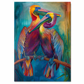 Colorful Pelican Pair Artwork with Rainbow Plumage and Long Beaks Perched Together on a Branch Against a Vibrant Teal Blue and Orange Tropical Background on Ready to Hang 1.5" Thick Canvas Wrap, Floating Framed Canvas, Flat Rolled Canvas