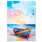 Watercolor Painting of Colorful Wooden Boat on Sandy Shore with Ocean View and Bright Sky in Soft Blue Pink and Yellow Tones on Ready to Hang 1.5" Thick Canvas Wrap, Floating Framed Canvas, Flat Rolled Canvas