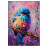 Vivid Blue Pink and Yellow Bird Painting Sitting on Branch in Expressive Color Brushstrokes for Bright Whimsical Spaces and Nature Inspired Art Lovers on Ready to Hang 1.5" Thick Canvas Wrap, Floating Framed Canvas, Flat Rolled Canvas