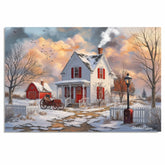 Winter White Farmhouse – Cozy Snow-Covered Country Home with Red Barn and Sleigh Wall Art Print on Ready to Hang 1.5" Thick Canvas Wrap, Floating Framed Canvas, Flat Rolled Canvas