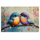 Painting of Two Plump Birds Touching Beaks While Sitting on a Blooming Branch Surrounded by Bright Spring Flowers with Vivid Feathers and Big Shiny Eyes on Ready to Hang 1.5" Thick Canvas Wrap, Floating Framed Canvas, Flat Rolled Canvas