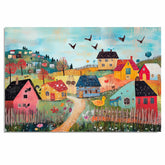 Colorful Folk Art Village Print Featuring Bright Houses Flowers Birds and Rolling Hills Whimsical Hand Painted Landscape for Cozy Wall Decor or Gift Idea on Ready to Hang 1.5" Thick Canvas Wrap, Floating Framed Canvas, Flat Rolled Canvas