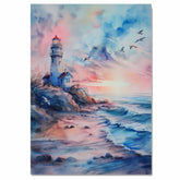 Scenic Lighthouse on Rocky Shore with Birds Flying Over Sunset Sky in Serene Watercolor Ocean Landscape Illustration on Ready to Hang 1.5" Thick Canvas Wrap, Floating Framed Canvas, Flat Rolled Canvas