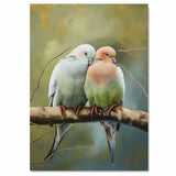 Charming Bird Couple Snuggled on Branch in Soft Pastel Tones with Forest Background Perfect for Romantic Ambiance and Nature Inspired Art Lovers on Ready to Hang 1.5" Thick Canvas Wrap, Floating Framed Canvas, Flat Rolled Canvas