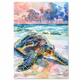 Watercolor Sea Turtle on Shore with Ocean Waves and Sunset Sky in Coastal Marine Life Painting for Beach Lovers on Ready to Hang 1.5" Thick Canvas Wrap, Floating Framed Canvas, Flat Rolled Canvas