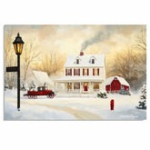 Charming Winter Painting of White Farmhouse with Red Truck, Barn, Snow-Covered Trees, and Warm Sunset Glow on Ready to Hang 1.5" Thick Canvas Wrap, Floating Framed Canvas, Flat Rolled Canvas