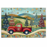 Festive Red Truck Carrying Decorated Christmas Trees Across Rolling Hills Under a Starry Winter Sky on Ready to Hang 1.5" Thick Canvas Wrap, Floating Framed Canvas, Flat Rolled Canvas