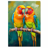 Vibrant Parakeet Pair Artwork Featuring Orange Yellow and Green Plumage with Blue Accents on a Branch Against a Smooth Brushstroke Teal and Olive Background on Ready to Hang 1.5" Thick Canvas Wrap, Floating Framed Canvas, Flat Rolled Canvas