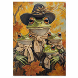 Harvest Charm: Whimsical Green Frog Mother and Daughters in Victorian Fall Attire on Ready to Hang 1.5" Thick Canvas Wrap, Floating Framed Canvas, Flat Rolled Canvas
