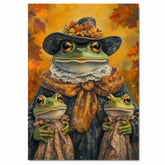 Autumn Elegance: Green Frog Mom and Daughters in Victorian European Fashion on Ready to Hang 1.5" Thick Canvas Wrap, Floating Framed Canvas, Flat Rolled Canvas