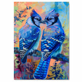 Blue Jay Pair with Striking Feathers on Colorful Abstract Branch Background Ideal Gift for Birdwatchers Nature Lovers and Artistic Home Accents on Ready to Hang 1.5" Thick Canvas Wrap, Floating Framed Canvas, Flat Rolled Canvas