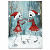 Whimsical Skeleton Ice Skating Christmas Art – Festive Gothic Winter Decor with Dancing Skeletons in Red Dresses and Santa Hats, Spooky Cute Holiday Wall Print on Ready to Hang 1.5" Thick Canvas Wrap, Floating Framed Canvas, Flat Rolled Canvas