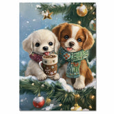Two Baby Puppies in Scarves Sharing Hot Cocoa on Snowy Christmas Tree Branch with Ornaments and Lights Holiday Art Print for Nursery or Festive Decor on Ready to Hang 1.5" Thick Canvas Wrap, Floating Framed Canvas, Flat Rolled Canvas