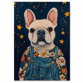 Charming French Bulldog Art in Floral Shirt and Overalls Cute Dog Decor for Nursery Farmhouse Bedroom Living Room Country Style or Cottagecore Wall Accents on Ready to Hang 1.5" Thick Canvas Wrap, Floating Framed Canvas, Flat Rolled Canvas