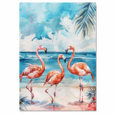 Watercolor Flamingos at Beach with Tropical Ocean Background and Palm Leaves in Vibrant Colors on Ready to Hang 1.5" Thick Canvas Wrap, Floating Framed Canvas, Flat Rolled Canvas