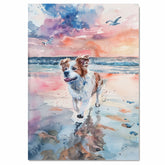 Happy Dog Running on Beach at Sunset in Watercolor with Ocean Waves and Colorful Sky for Pet and Coastal Art Lovers on Ready to Hang 1.5" Thick Canvas Wrap, Floating Framed Canvas, Flat Rolled Canvas