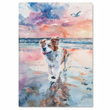 Happy Dog Running on Beach at Sunset in Watercolor with Ocean Waves and Colorful Sky for Pet and Coastal Art Lovers on Ready to Hang 1.5" Thick Canvas Wrap, Floating Framed Canvas, Flat Rolled Canvas