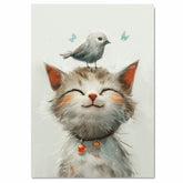 Delightful Painting of a Smiling Kitten with a White Bird on Its Head and Bells on Its Collar Perfect for Whimsical Decor or Gifts for Cat and Animal Lovers on Ready to Hang 1.5" Thick Canvas Wrap, Floating Framed Canvas, Flat Rolled Canvas