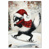 Whimsical Skunk Ice Skating in Santa Hat – Vintage Style Red Plaid Scarf Holiday Animal Art Print, Cozy Christmas Nursery Wall Decor, Winter Woodland Illustration on Ready to Hang 1.5" Thick Canvas Wrap, Floating Framed Canvas, Flat Rolled Canvas
