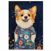 Dog Wall Art in Overalls and Floral Shirt Whimsical Corgi Nursery Decor Farmhouse Cottage Bedroom Wall Art Country Style Room Decor Gift for Dog Lovers on Ready to Hang 1.5" Thick Canvas Wrap, Floating Framed Canvas, Flat Rolled Canvas