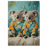 Two Adorable Koala Bears in Colorful Pajamas Sitting on Bed Expressive Brushstroke Art Print for Nursery Bedroom or Whimsical Animal Lovers Wall Decor on Ready to Hang 1.5" Thick Canvas Wrap, Floating Framed Canvas, Flat Rolled Canvas