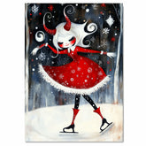 Whimsical Christmas Devil Girl Ice Skating in Red Winter Dress with White Hair and Twisted Horns Cute Fantasy Holiday Art Print or Canvas for Gothic Decor on Ready to Hang 1.5" Thick Canvas Wrap, Floating Framed Canvas, Flat Rolled Canvas